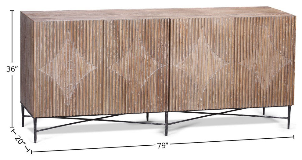 Zander 79" Carved Elm Wood Sideboard With Hand-Forged Iron Base