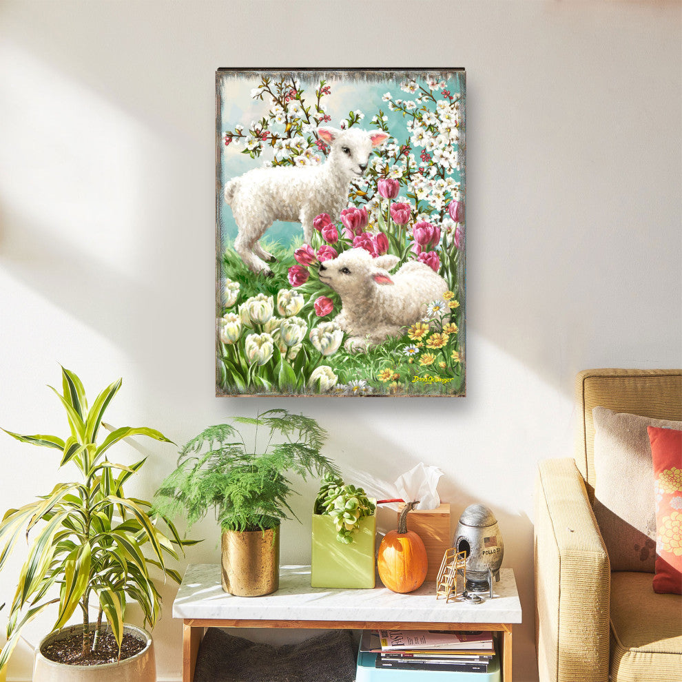 Easter Lambs Wooden Wall Art, Large 24x18