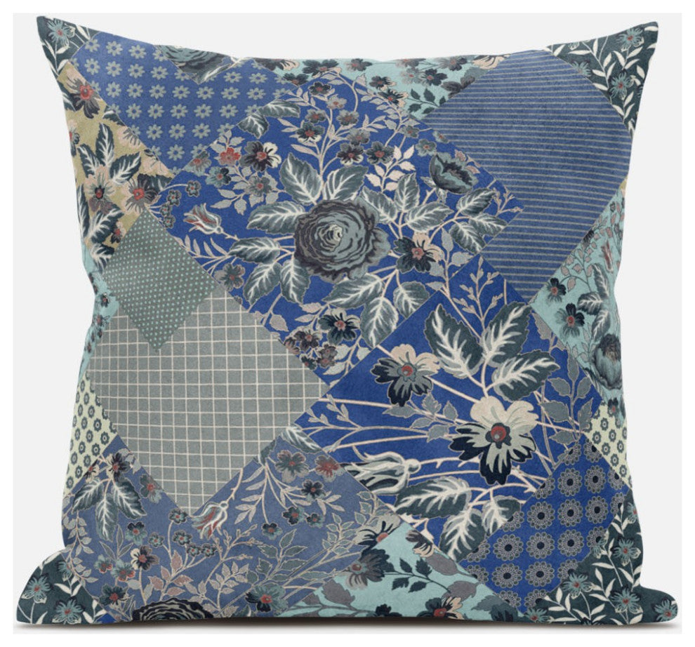 20" Blue Gray Floral Zippered Suede Throw Pillow