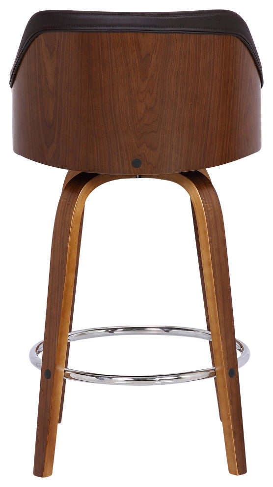 26" Brown Swivel Faux Leather Walnut Wooden Bar Stool