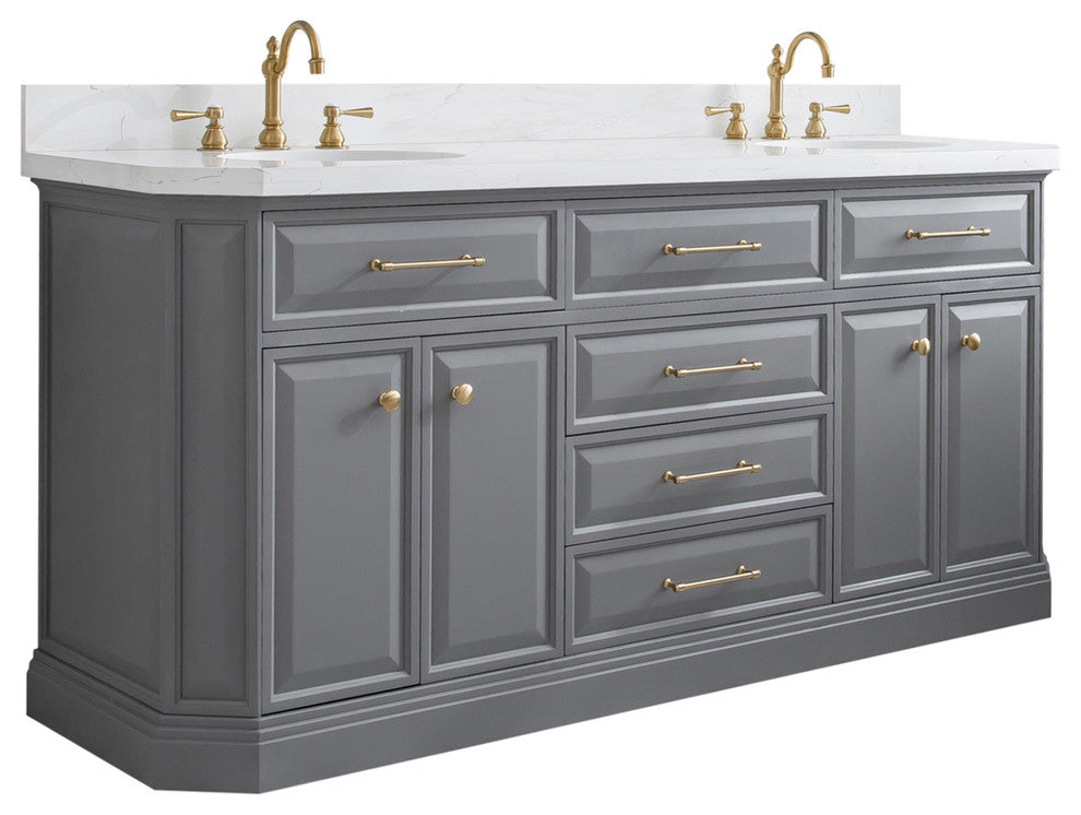 72" Palace Quartz Carrara Cashmere Gray Vanity With Satin Brass and Mirrors