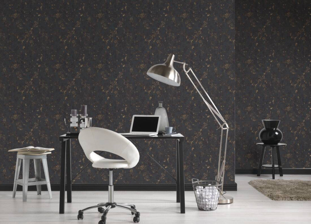 Damask Textured Wallpaper, Ornaments, 374132, Black Anthracite Gold, 1 Roll