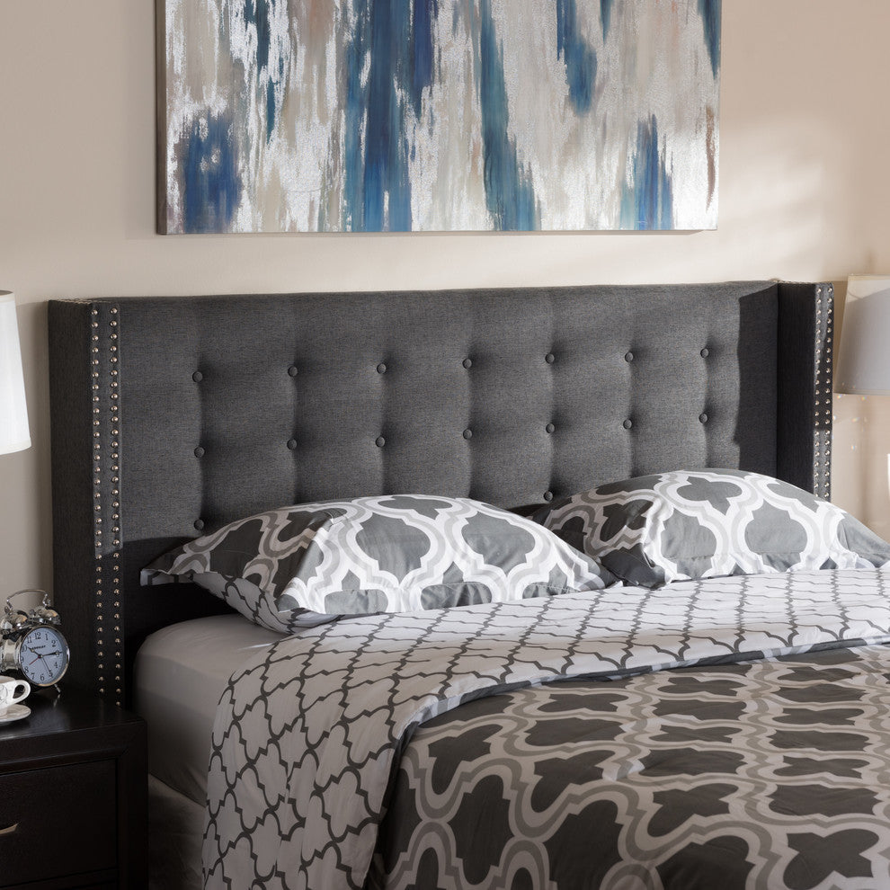Ginaro Dark Gray Button-Tufted Nail Head King Size Winged Headboard