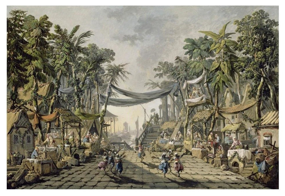 "Market Scene in an Imaginary Oriental Port" Paper Art, 32"x22"