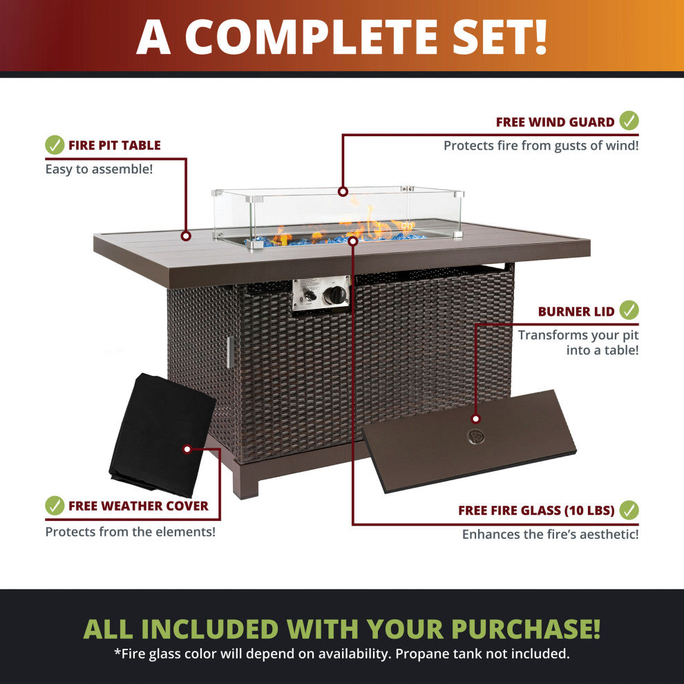 52" Outdoor Propane Gas Fire Pit Table With Rattan Wicker Finished