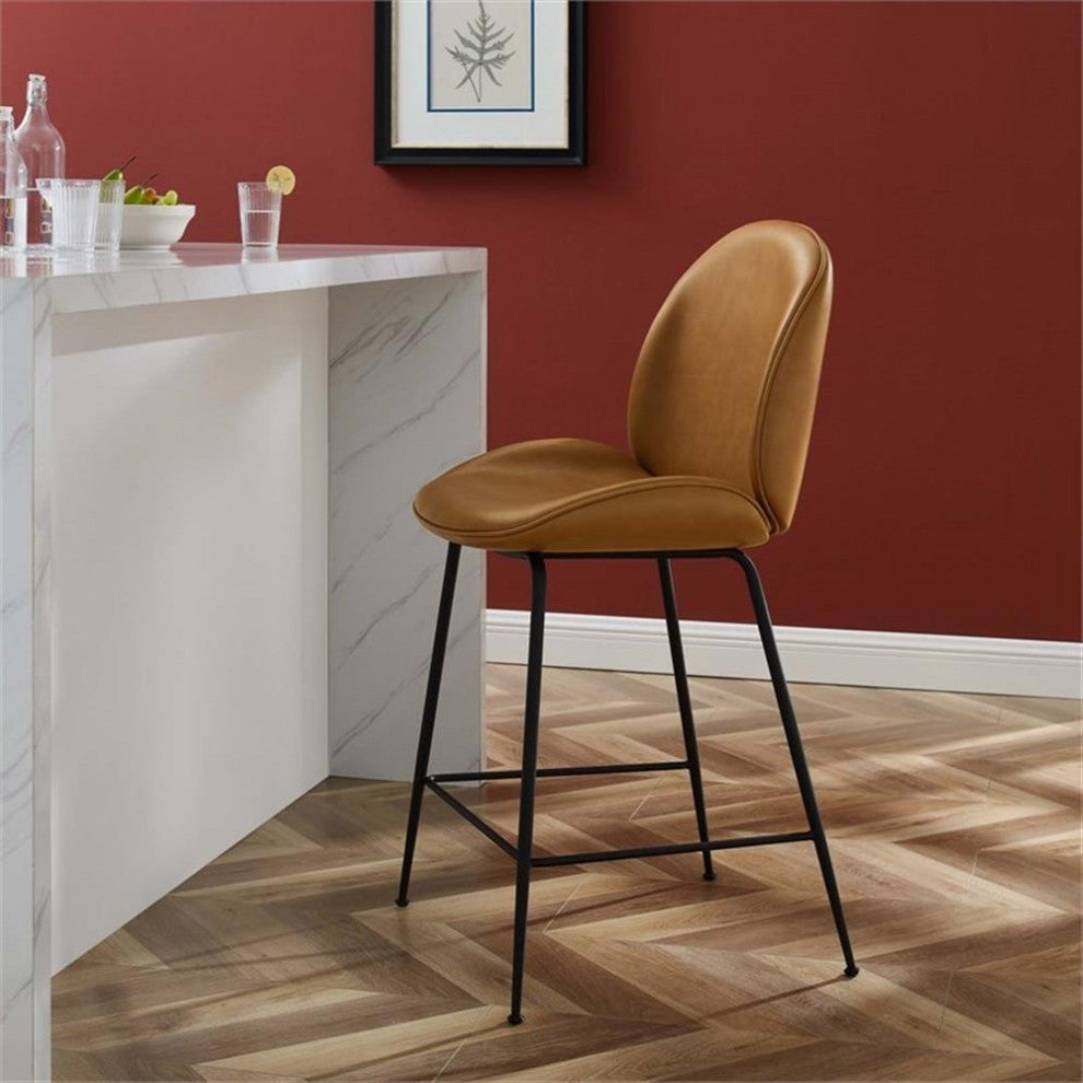 Modway Scoop 25.5" Modern Faux Leather & Metal Counter Stool in Black/Tan