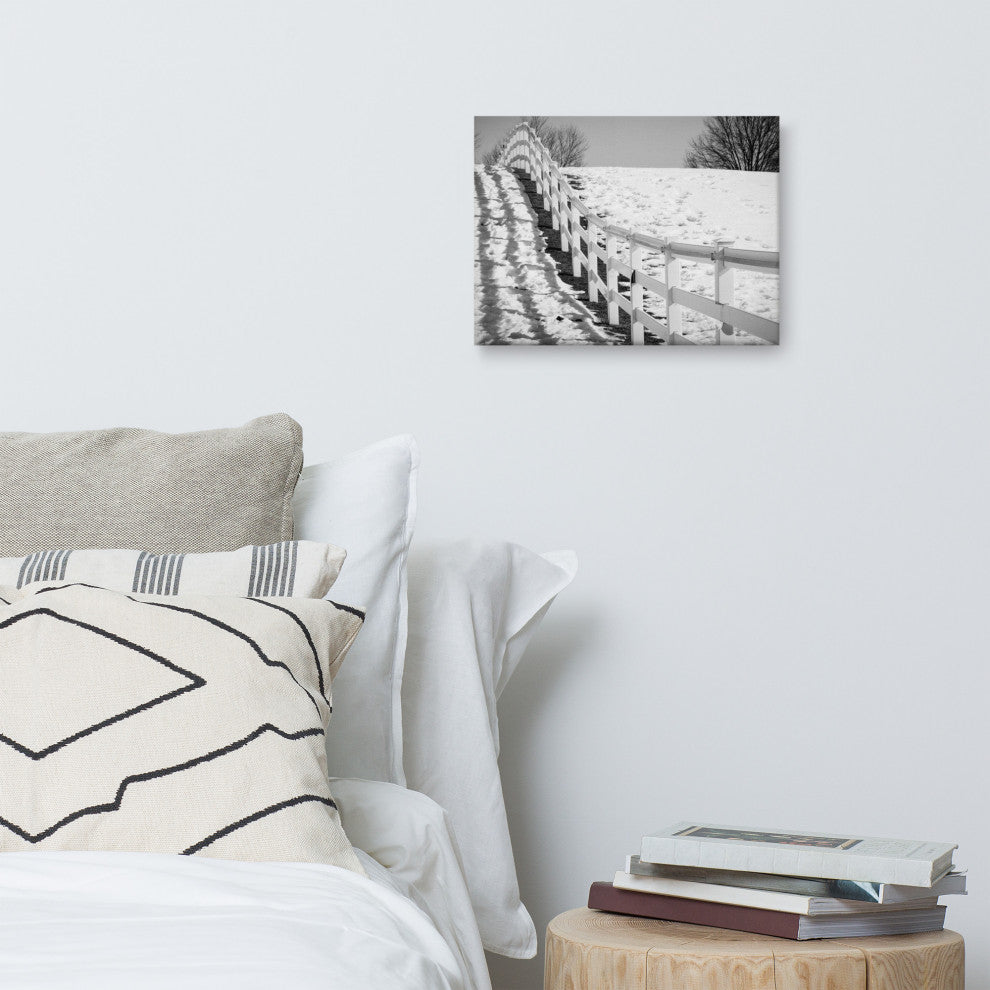 Endless Fence Rural Black & White Landscape Photo Canvas Wall Art Print, 12" X 16"