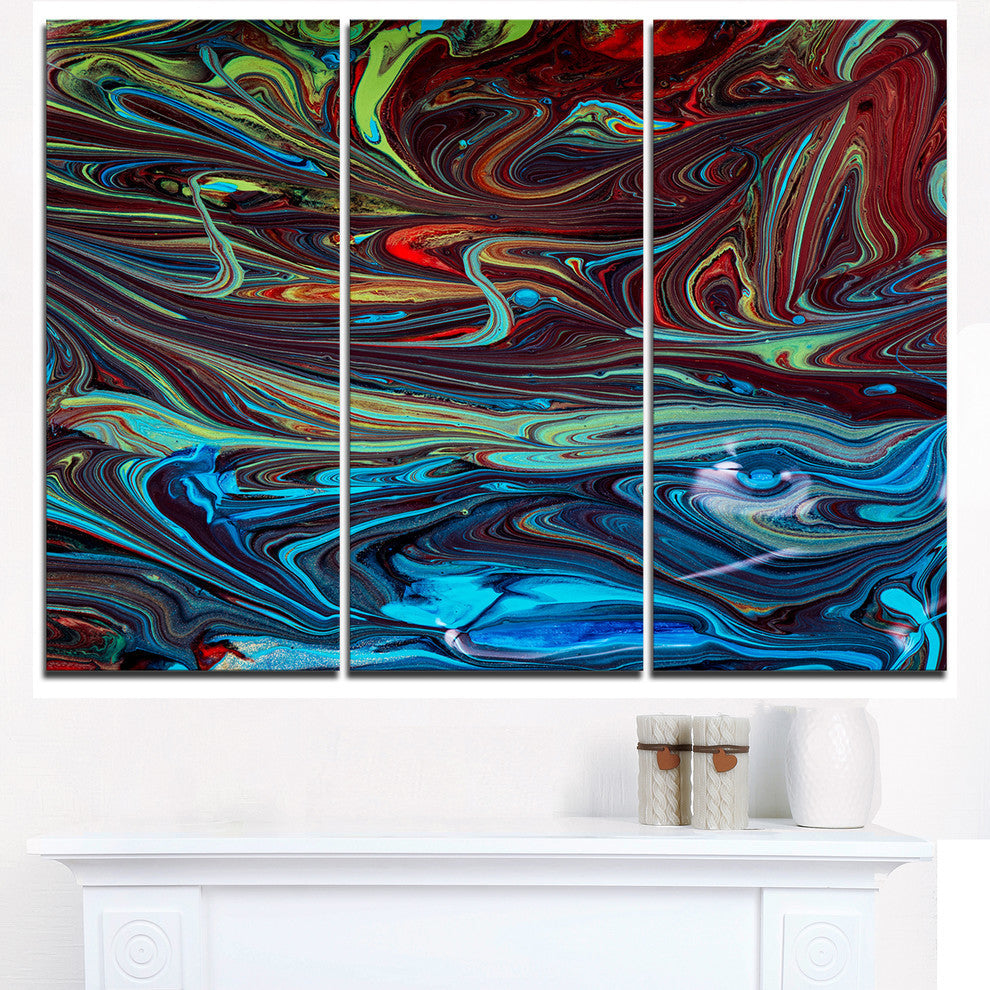 "Red Blue Abstract Acrylic Paint Mix" Metal Wall Art, 3 Panels, 36"x28"