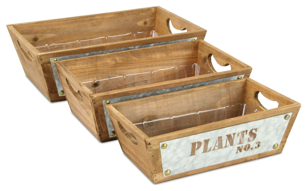 Set Of 3 Tapered Wood Storage With Galvanized Cutout Accent