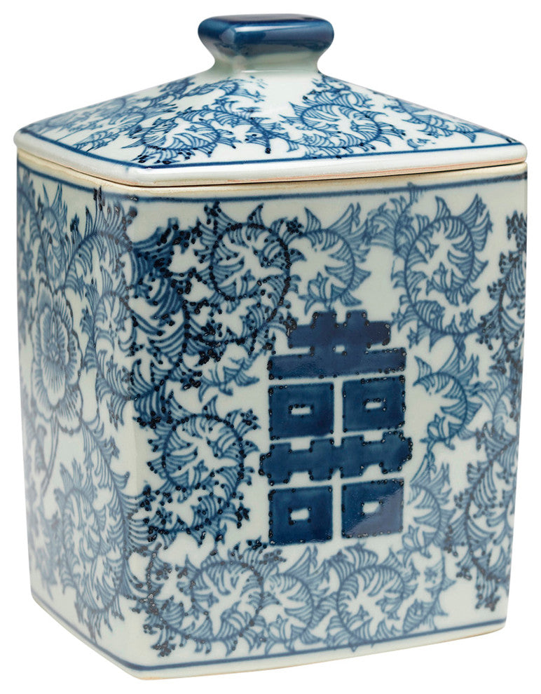 Antiqued Pale Green and Blue Square Jar With Lid