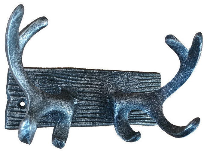 Rustic Silver Cast Iron Antler Double Hook 8"