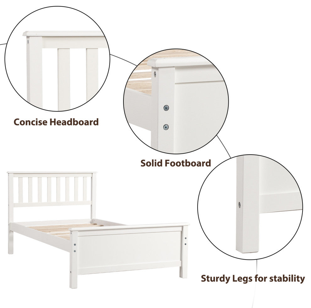 Gewnee Wood Twin Size Platform Bed with Headboard and Footboard in White