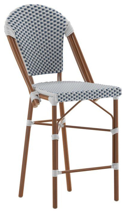French Bistro 26" Counter Height Stackable Indoor/Outdoor Stool, White & Navy/Natural Frame
