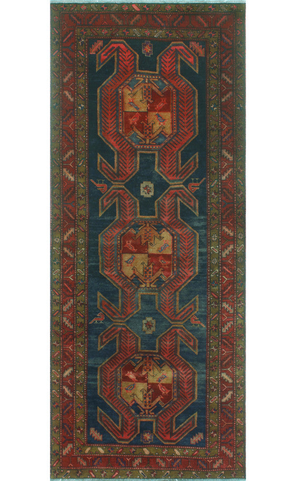 Semi-Antique Ghafur Blue/Burgundy Runner, 4'4x10'6