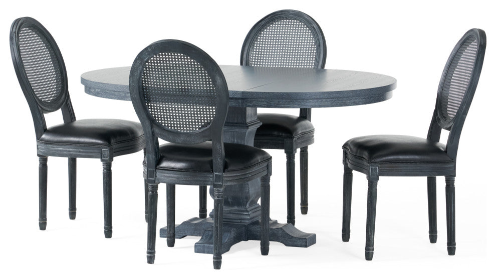 Lintz French Country Wood and Cane  5-Piece Expandable Oval Dining Set, Midnight/Gray/Gray, Faux Leather
