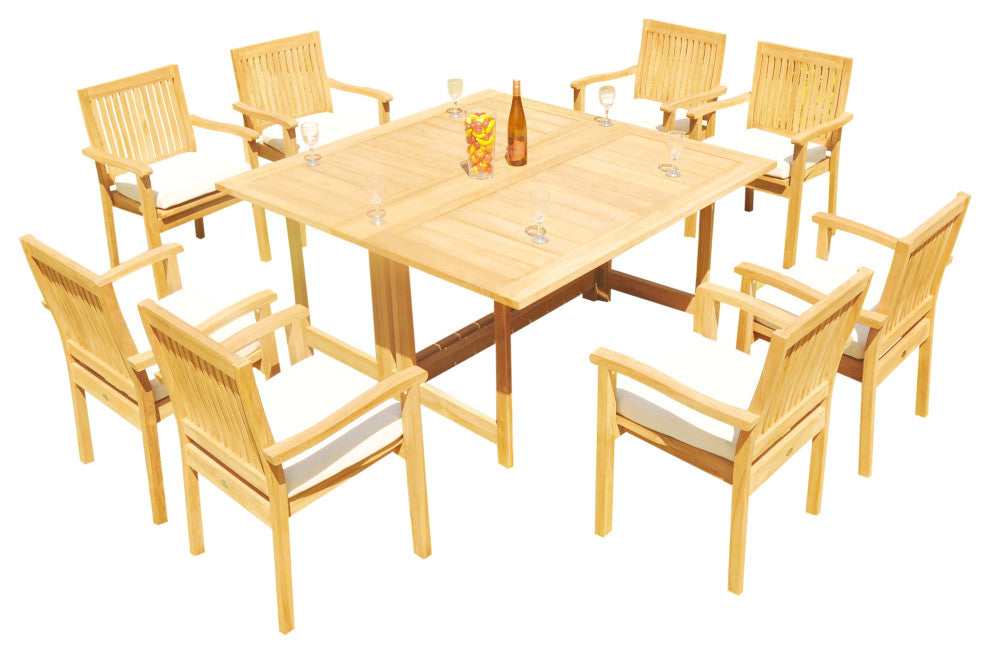 9-Piece Outdoor Teak Set: 60" Square Butterfly Table, 8 Leveb Stacking Arm Chair