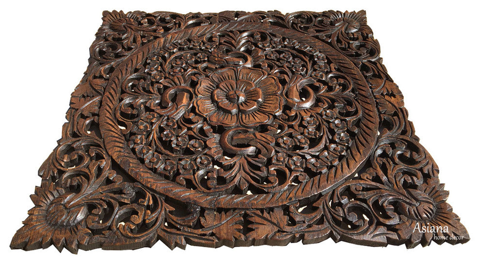 Large Square Oriental Carved Lotus Wood Plaque