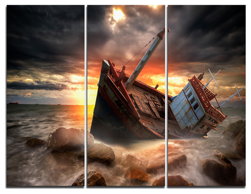 "Fishing Boat Beached" Photography Canvas Print, 3 Panels, 36"x28"