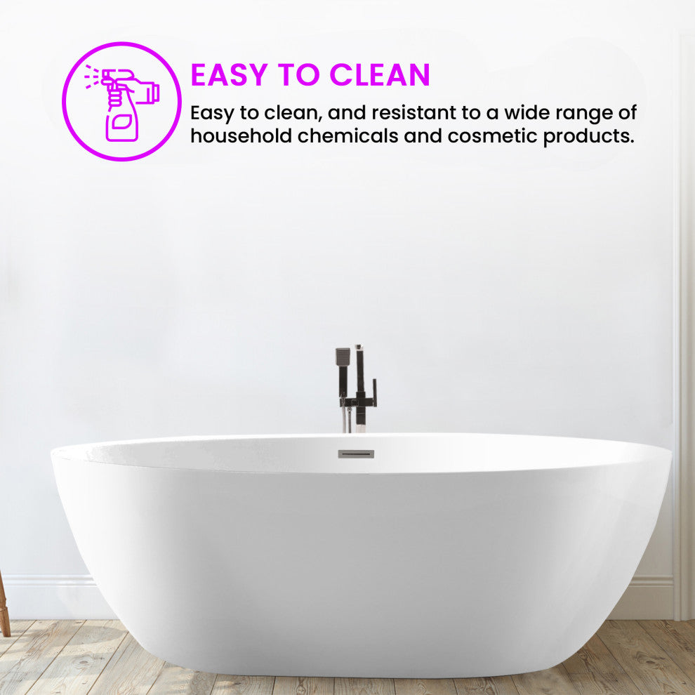 59"x32" Acrylic Freestanding Soaking Bathtub, White/Classic Chrome
