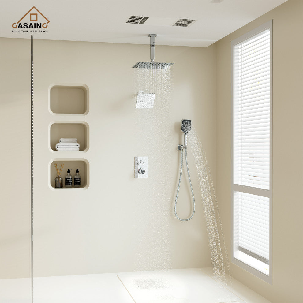 CASAINC 12" Ceiling Mounted Rainfall Shower System Set w Dual Shower Head, Chrome