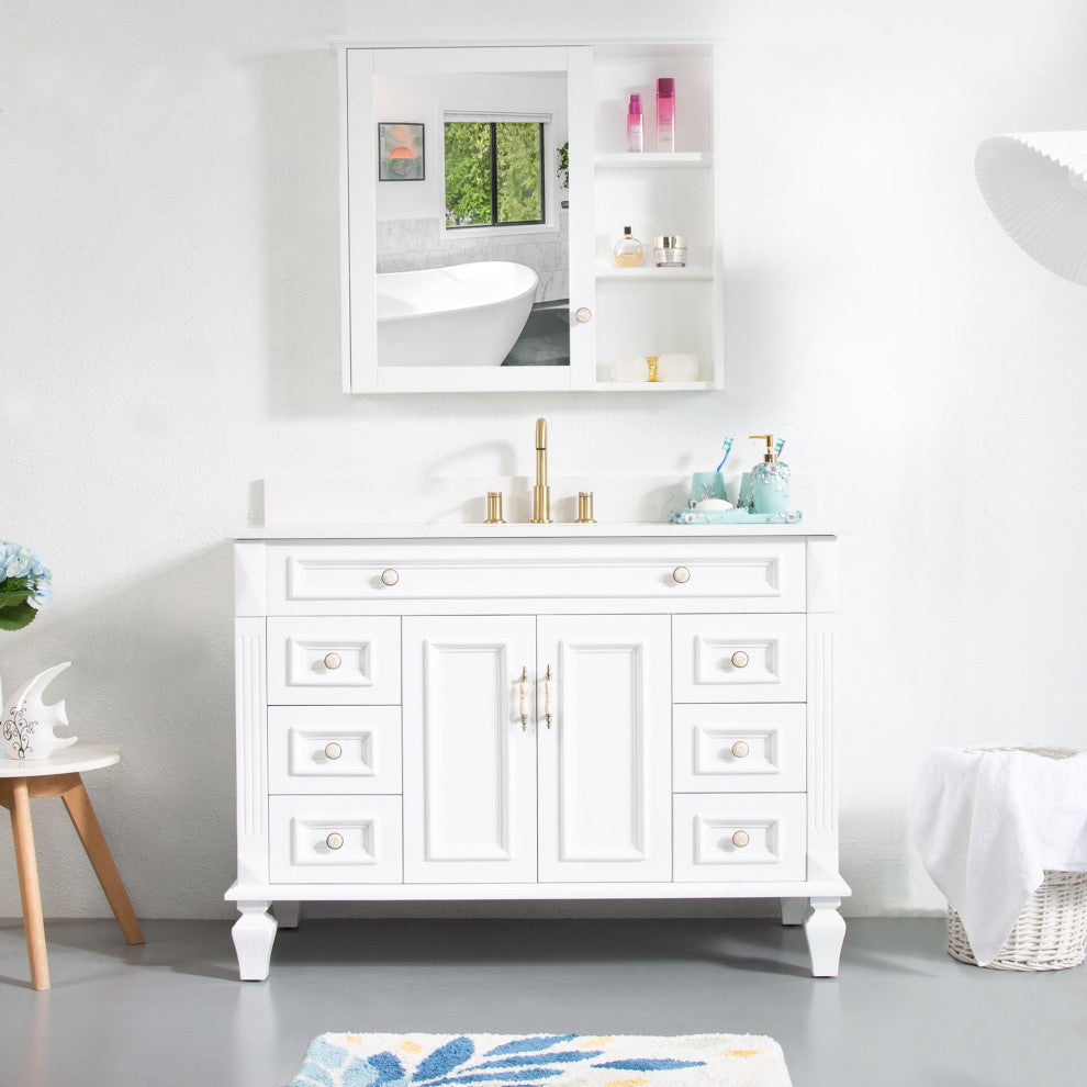 Solid Wood Bathroom Vanity with Quartz Top and cUPC Certified Sink, White, 48 Inch