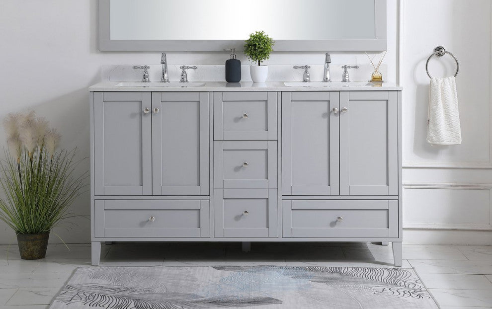Elegant VF18060DGR-BS 60"Double Bathroom Vanity, Gray With Backsplash