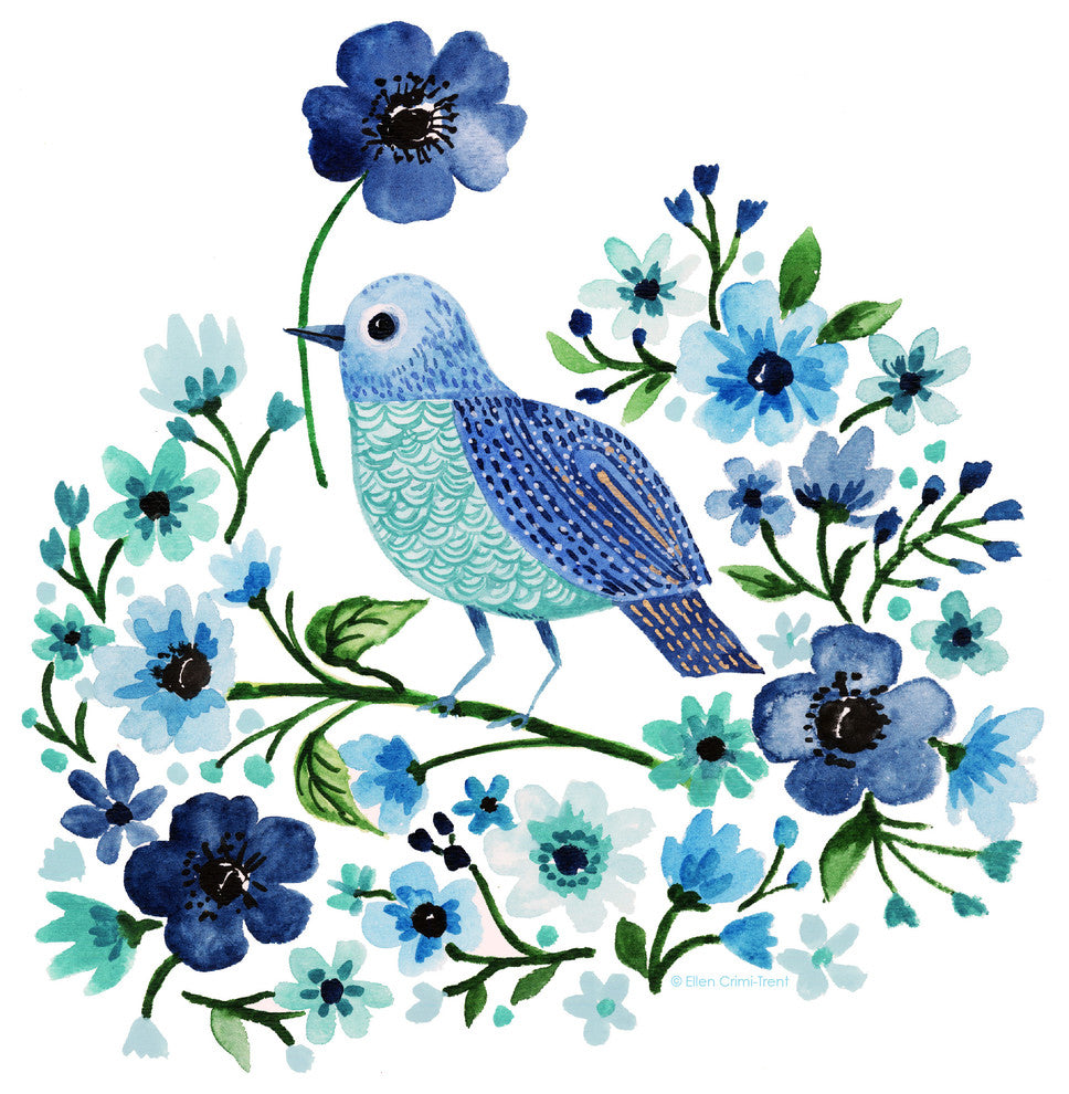 Watercolor Flowers and Blue Bird Print, 11"x14"