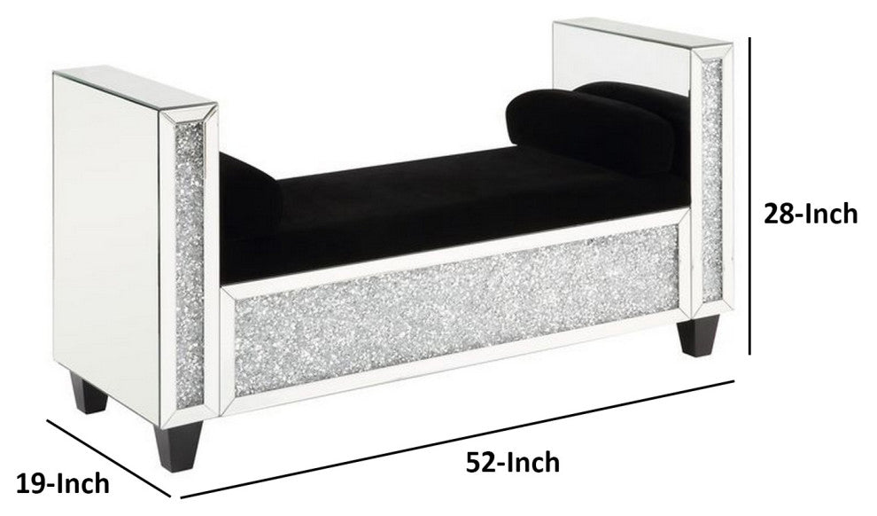 Benzara BM251176 Mirrored Bench With 2 Pillows and Button Tufted Seat, Silver