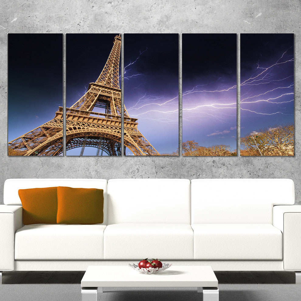 "Beautiful View Paris Eiffel Tower Under Purple Sky" Wall Art, 60"x28", 5-Panels