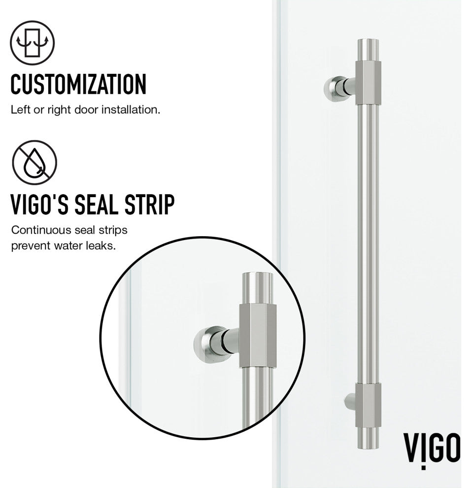 VIGO Elan Hart 56" to 60" W x 76" H Frameless Sliding Shower Door, Stainless Steel, Clear Glass