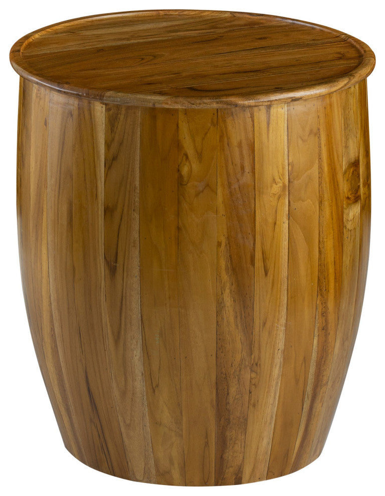 Benzara Round Accent Side Table, Mango Wood, Barrel Shape, Classic Brown