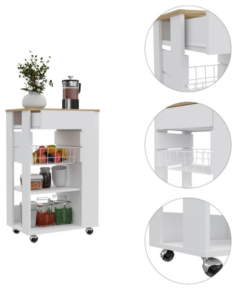 Shelton Kitchen Cart with 5 Open Shelves, Rack, and 4 Casters, White/ Light Oak