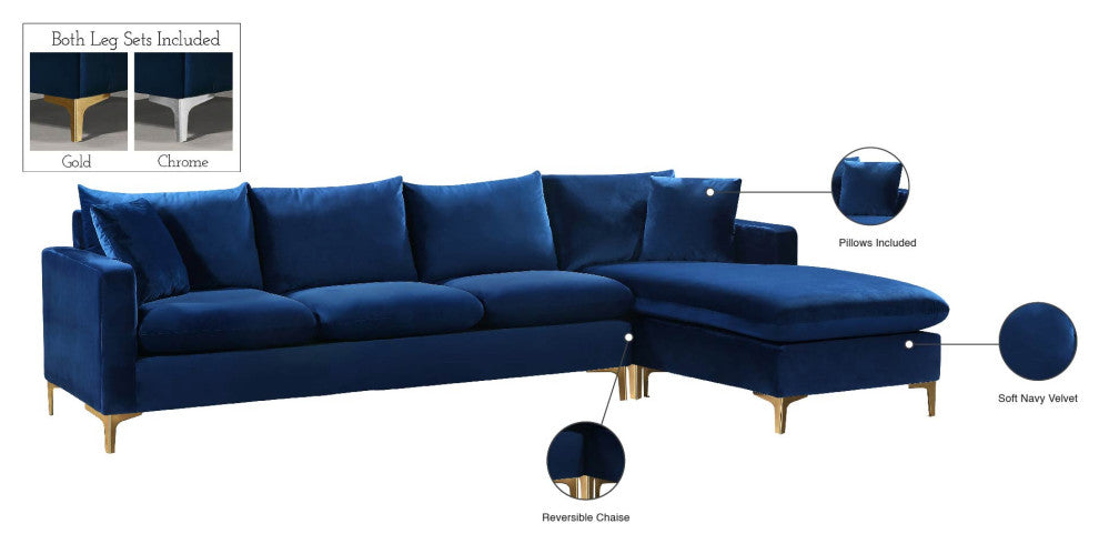 Naomi 3-Piece Velvet Upholstered Reversible Sectional, Navy