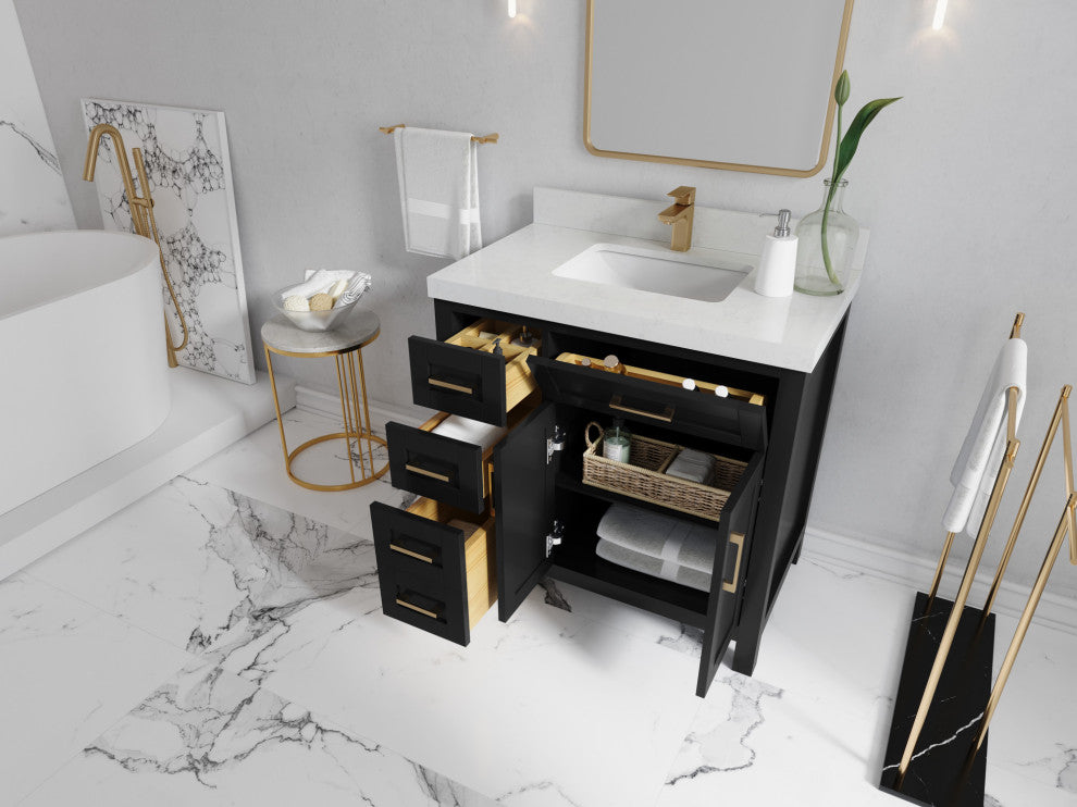 Cambridge 36 Center Sink Bath Vanity in Black 2" White Quartz