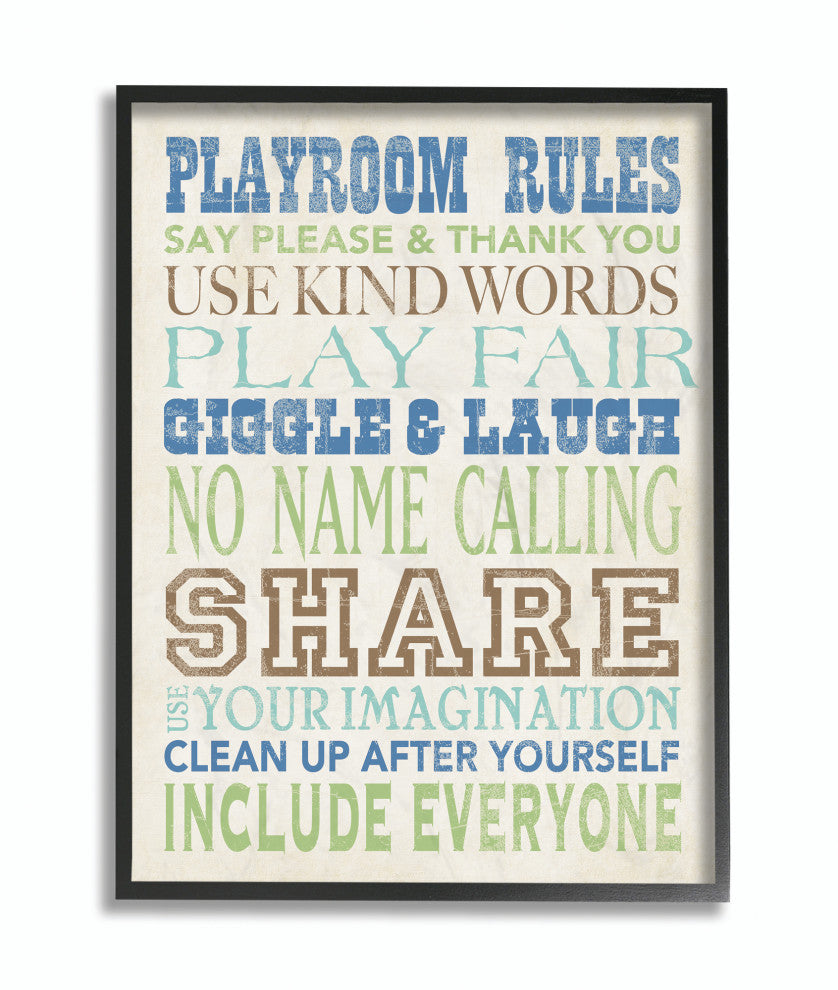 Stupell Industries Playroom Rules Typography In Blues Green and Brown, 11"x14"