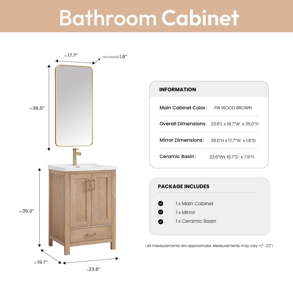 Gela Single Bath Vanity with Ceramic Basin Top, Fir Wood Brown, 24", With Mirror
