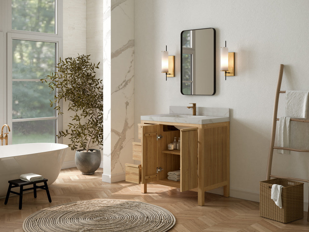 Elizabeth 36 Center Sink Bath Vanity in Light Natural Teak 2" Empira Quartz