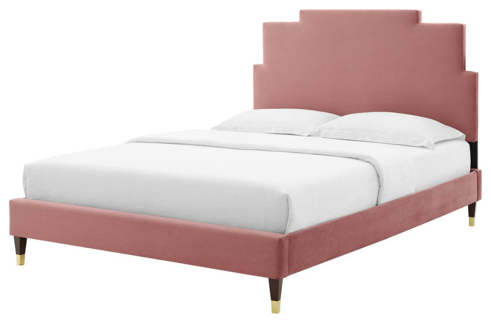 Platform Bed Frame, King Size, Velvet, Pink, Modern Contemporary, Bedroom Master
