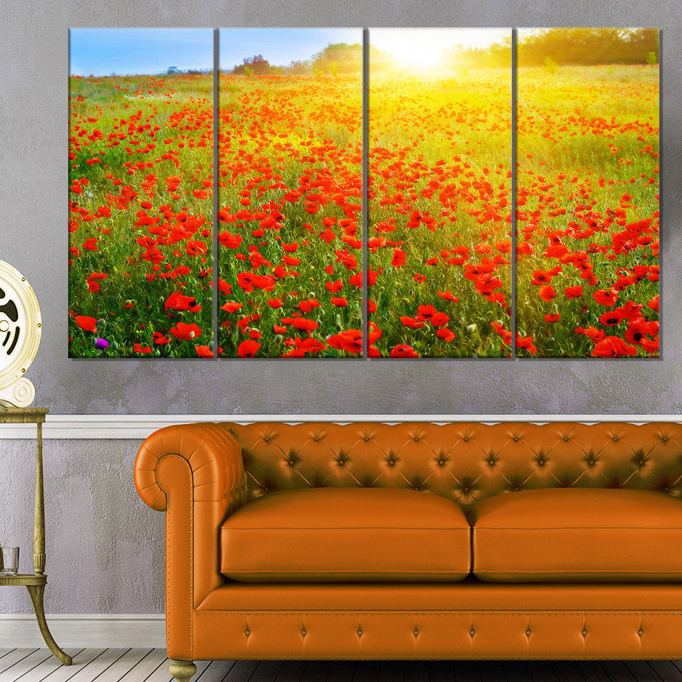 Beautiful Sunshine over Poppy Fields, Floral Canvas Art print, 48"x28", 4 Panels