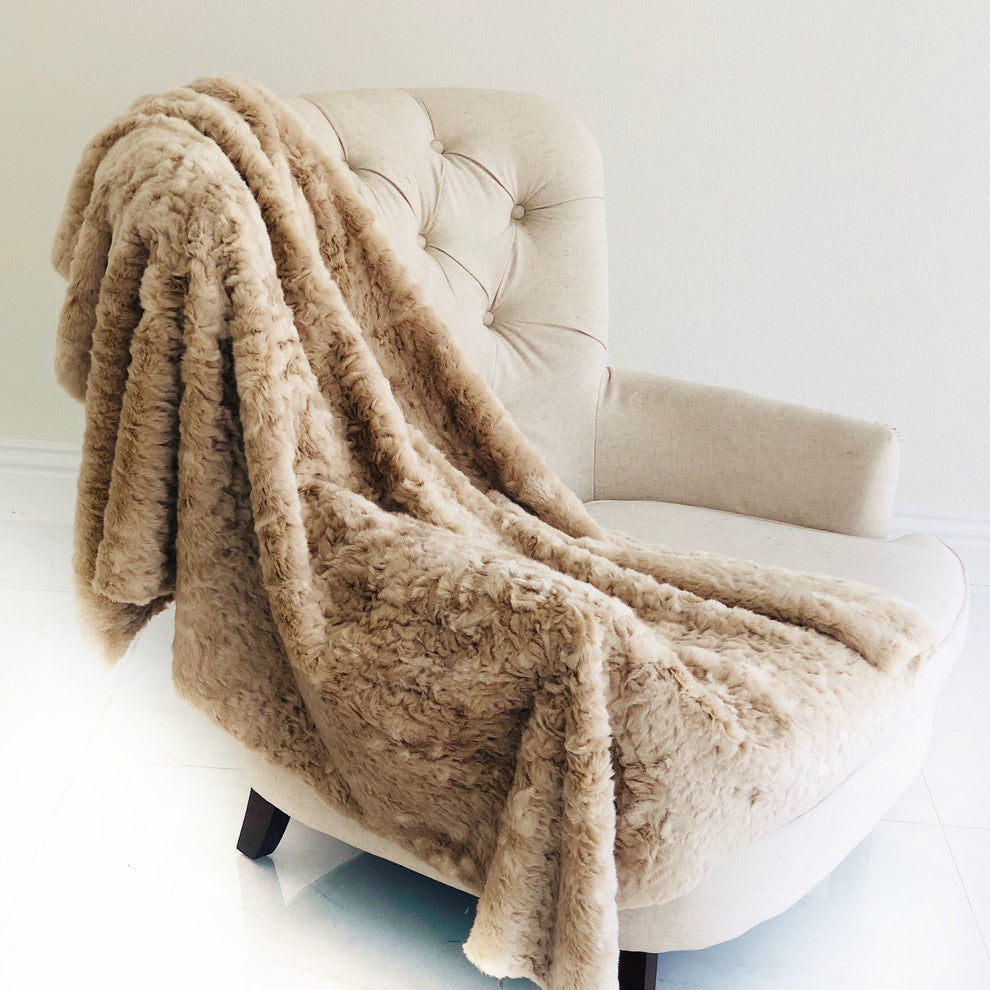 Plutus Champagne Persian Chilla Faux Fur Handmade Luxury Throw, Blanket 70l X 90