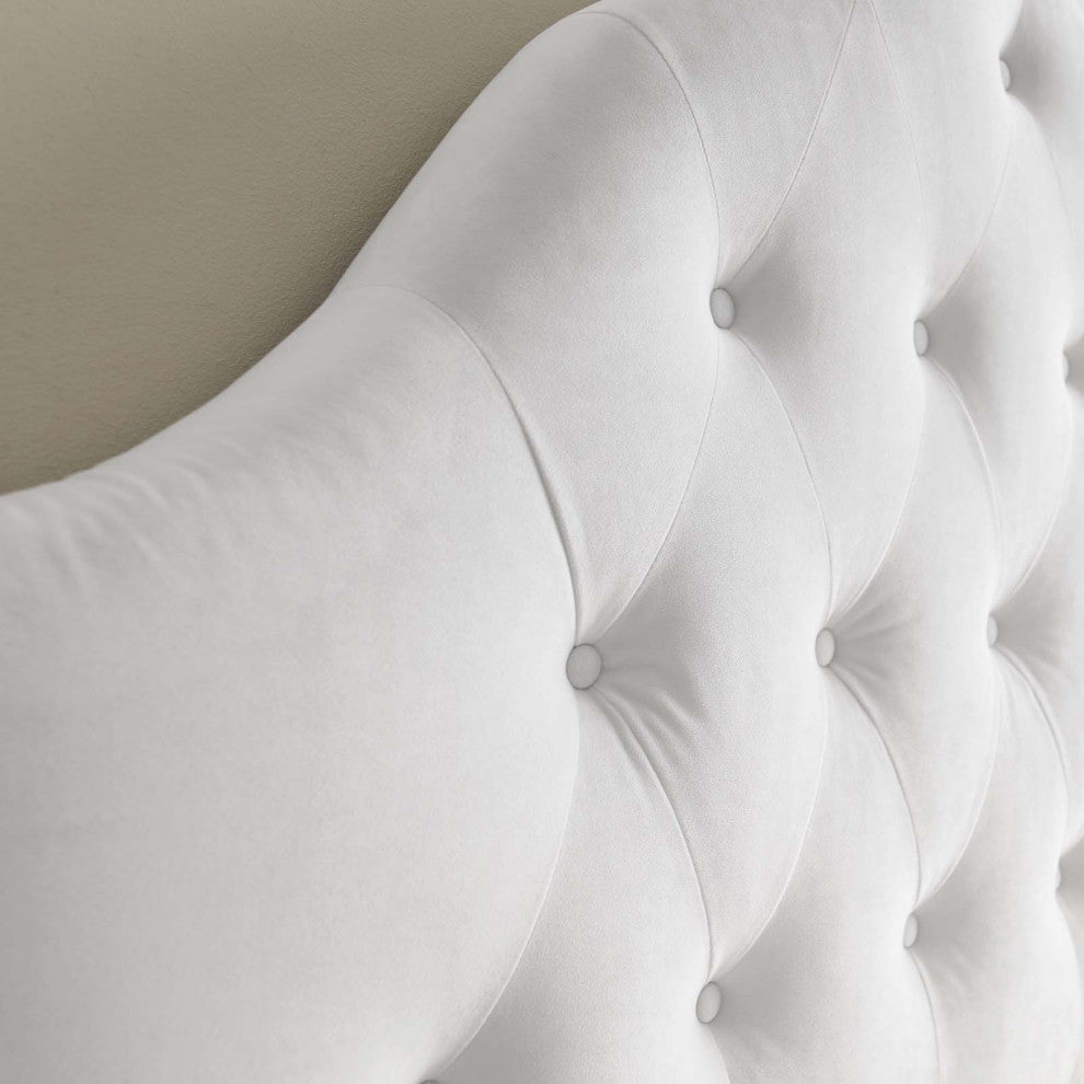 Contemporary Modern Bedroom Queen Size Tufted Headboard, Velvet Fabric, White