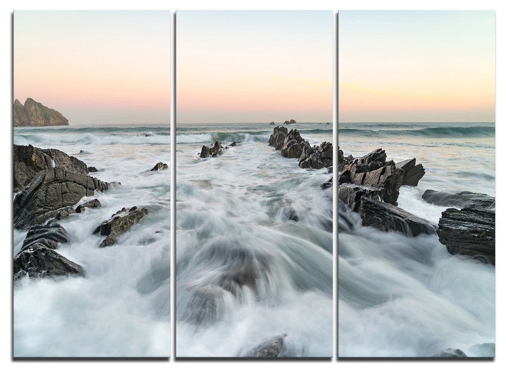 "Waves Hitting Beach at Sunrise Atlantic" Metal Wall Art, 3 Panels, 36"x28"