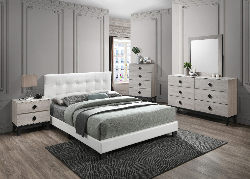 Faux Leather Upholstered Bed, White, Queen