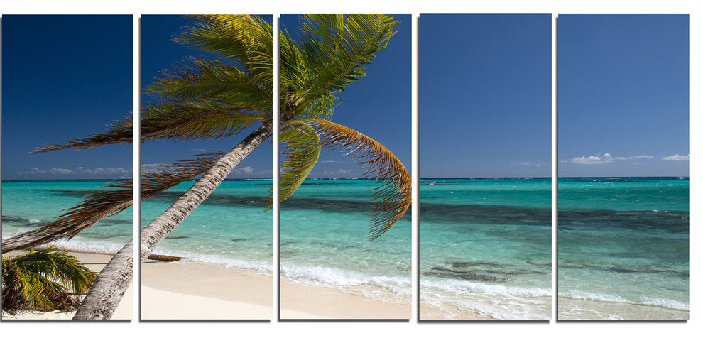 "Palm Bent To Picturesque Seashore" Modern Seascape Wall Art, 5 Panels, 60"x28"