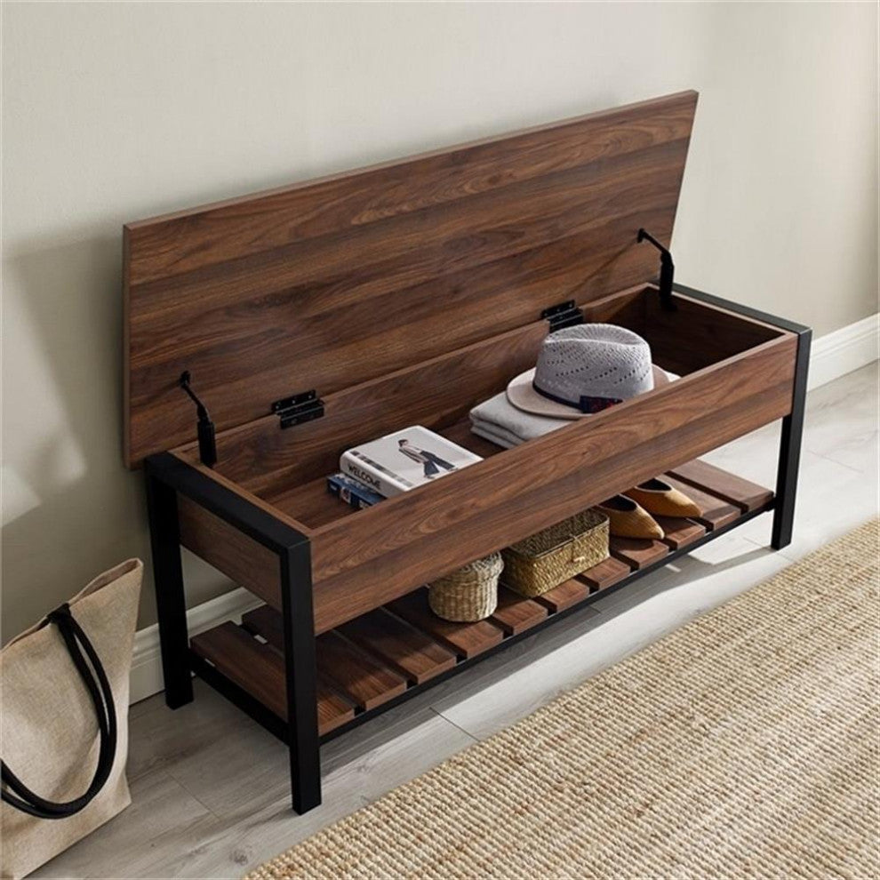 Pemberly Row 48" Modern Farmhouse Wooden Storage Bench in Dark Walnut