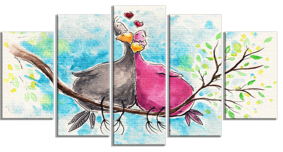 Two Birds in Love on Branch, Abstract Canvas Art Print, 60"x32", 5 Panels