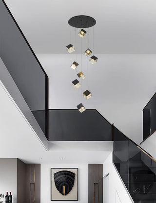 9-Light Black Cubed Chandelier With A Clear Distorted Glass Shades