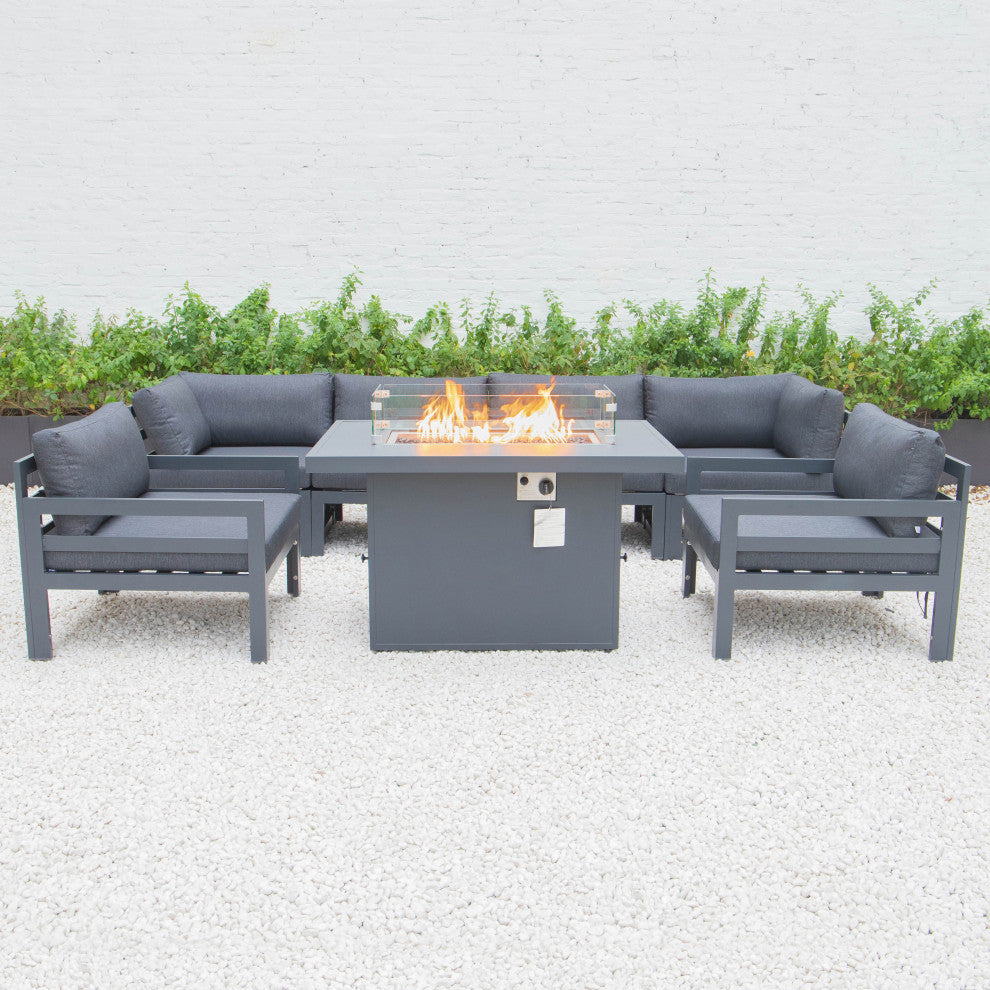 LeisureMod Chelsea 7-Piece Outdoor Sectional With Fire Pit Table, Black