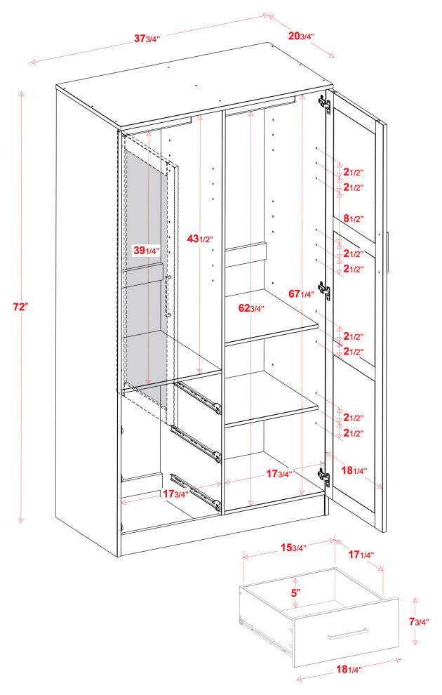 100% Solid Wood Metro 2-Door Wardrobe/Armoire, Black-Raised Panel