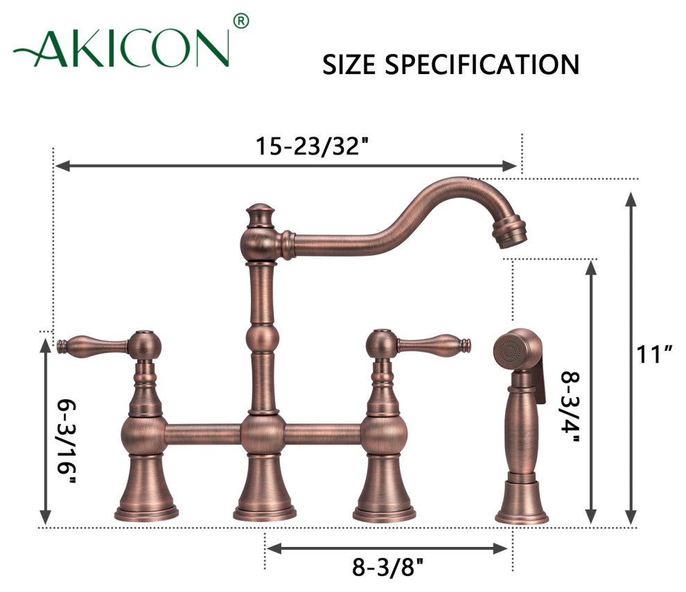 Two-Handles Copper Bridge Kitchen Faucet with Side Sprayer, American Bronze